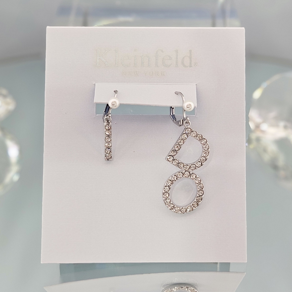 Kleinfeld Earrings 'I Do' Silver Tone Crystal & Faux Pearl Mismatch Drop Bridal